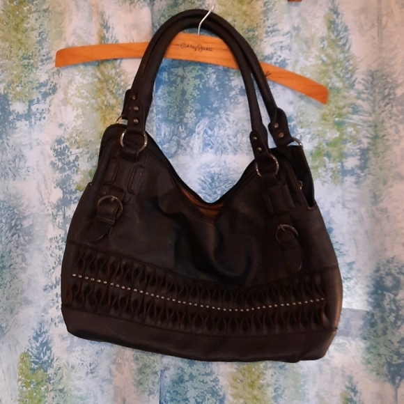 Black shoulder hand bag purse metal grommets - Picture 2 of 6